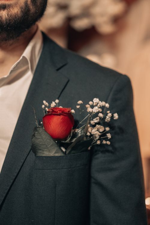 Free Close-up of a red rose boutonniere in a suit pocket, showcasing elegance and style. Stock Photo