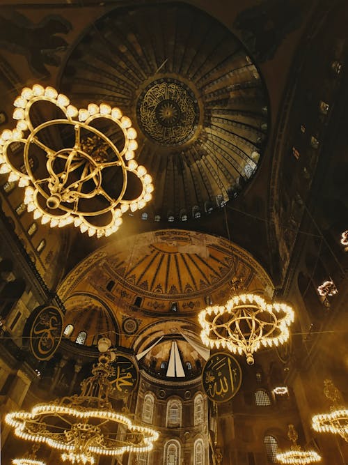 Chandeliers and Vault of the Hagia Sophia Grand Mosque in Istanbul