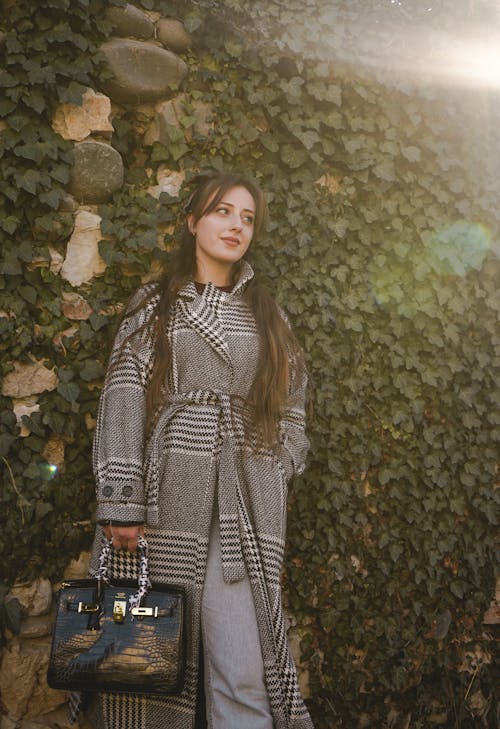 Beautiful Woman in Gray Plaid Trench Coat