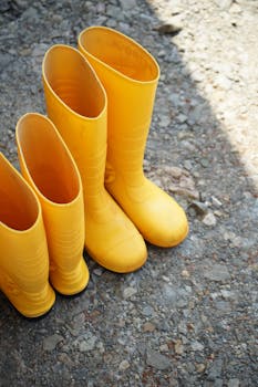 岩石地面上，一双充满活力的黄色雨靴展现了防水鞋类的设计