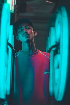 A man poses under dramatic neon lights, creating a vibrant and modern portrait scene.