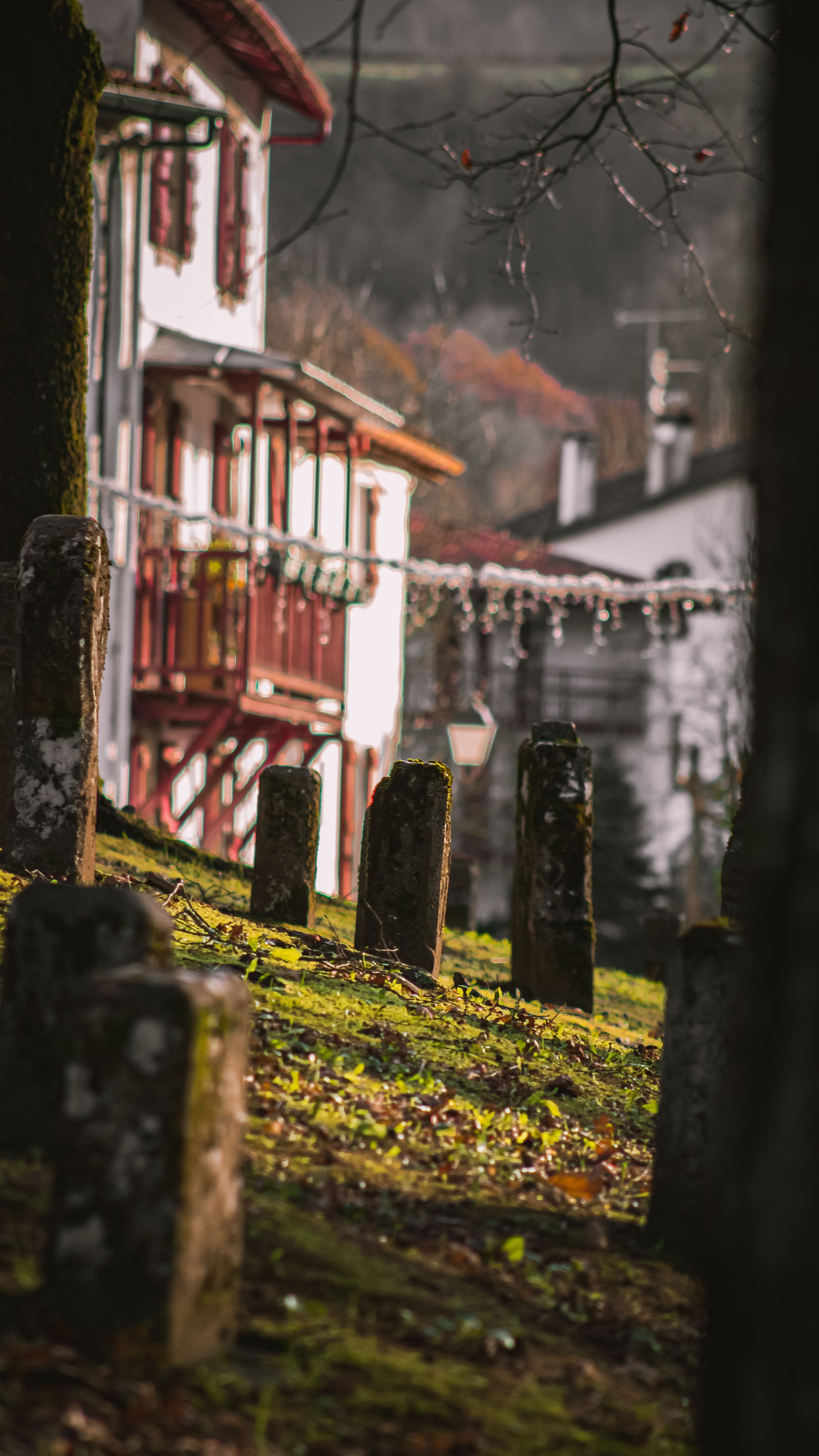 Peaceful view of moss-covered tombstones in a French cemetery with rustic homes in the background.