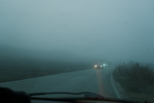 Cars driving on a foggy road at dawn with headlights on highlighting low visibility and atmospheric conditions.