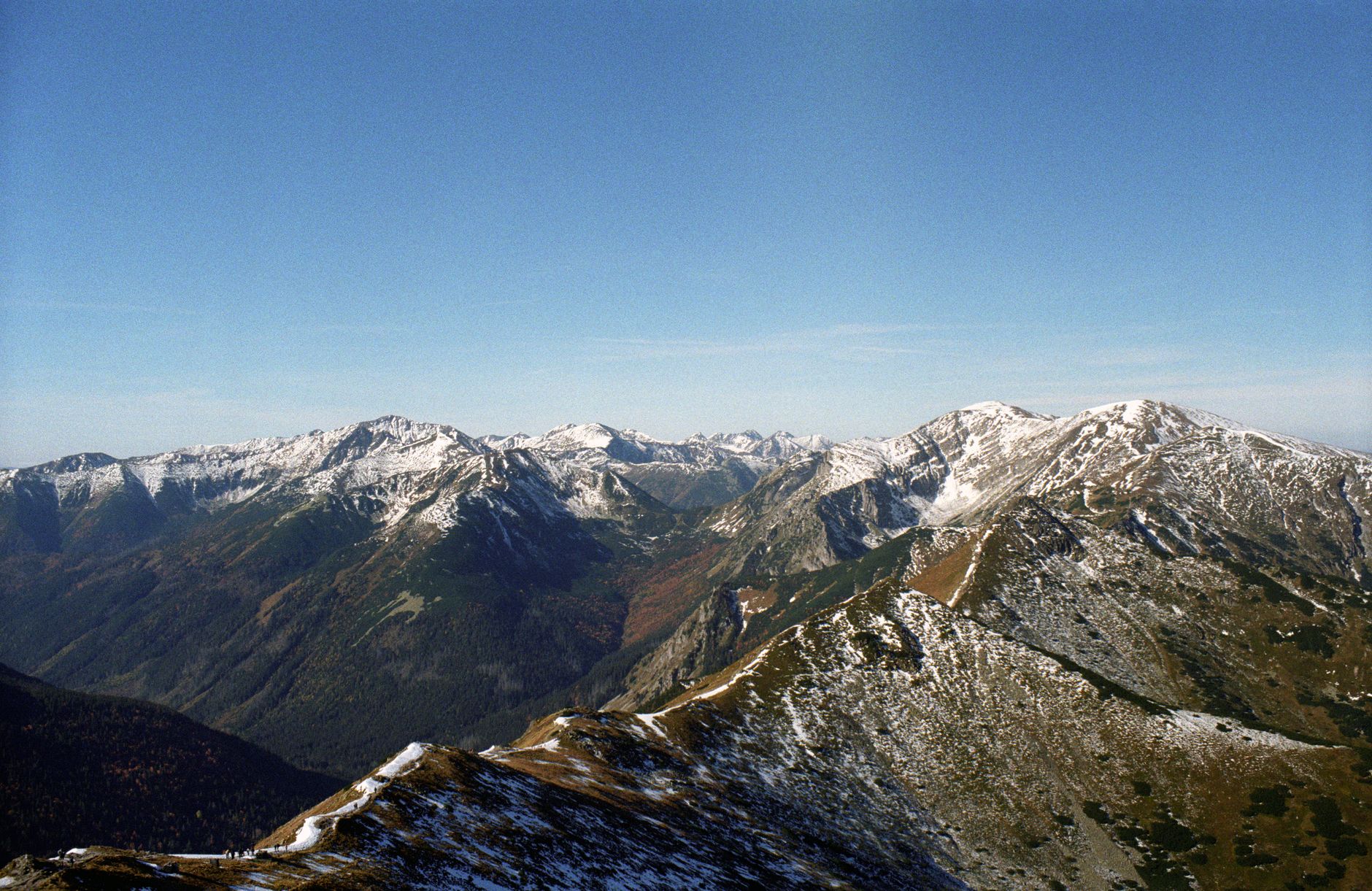 Stunning aerial view of a snow-capped mountain range with clear blue skies, perfect for nature enthusiasts.