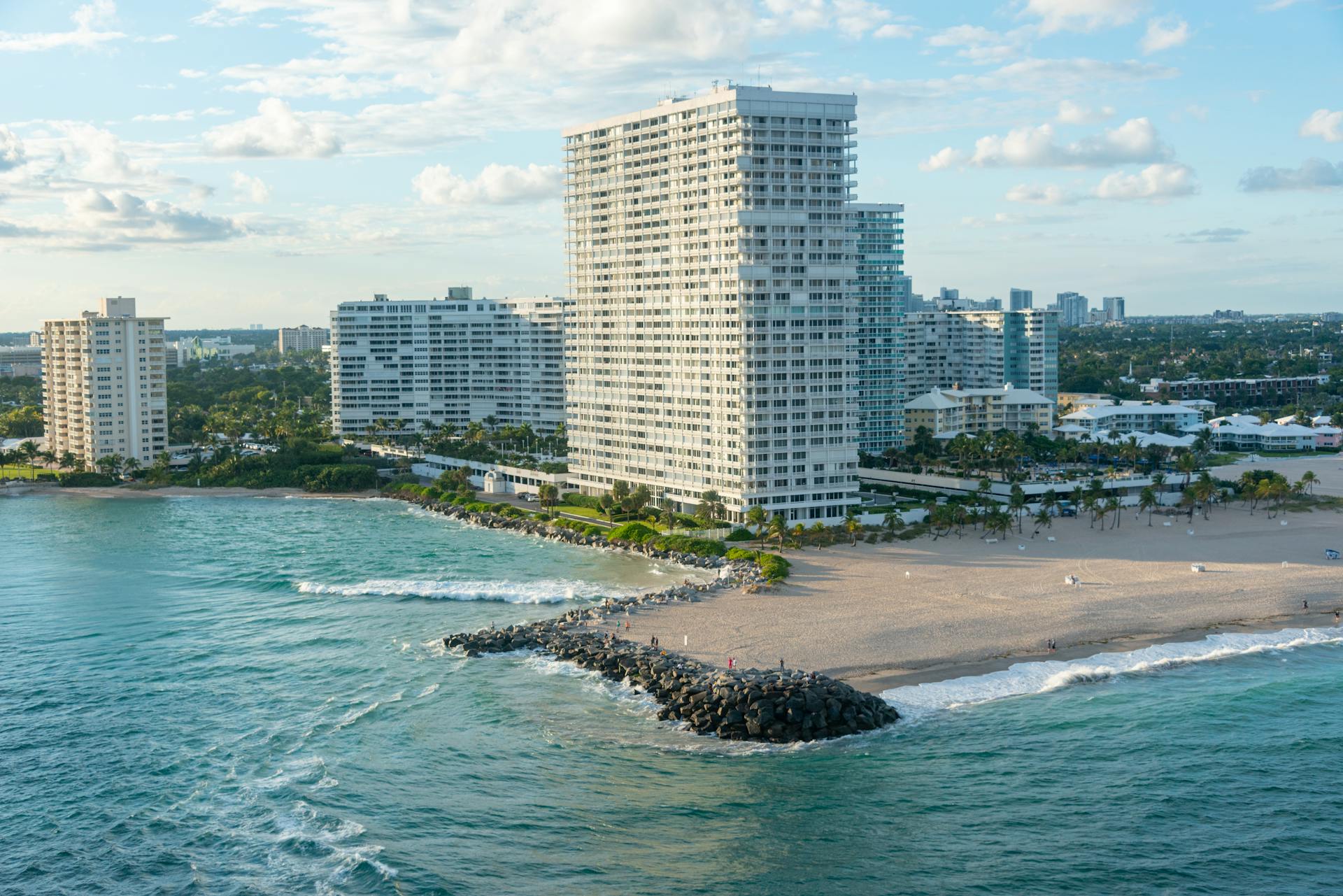 Aerial view of Bal Harbour beachfront and skyscrapers in Miami, Florida at daytime.