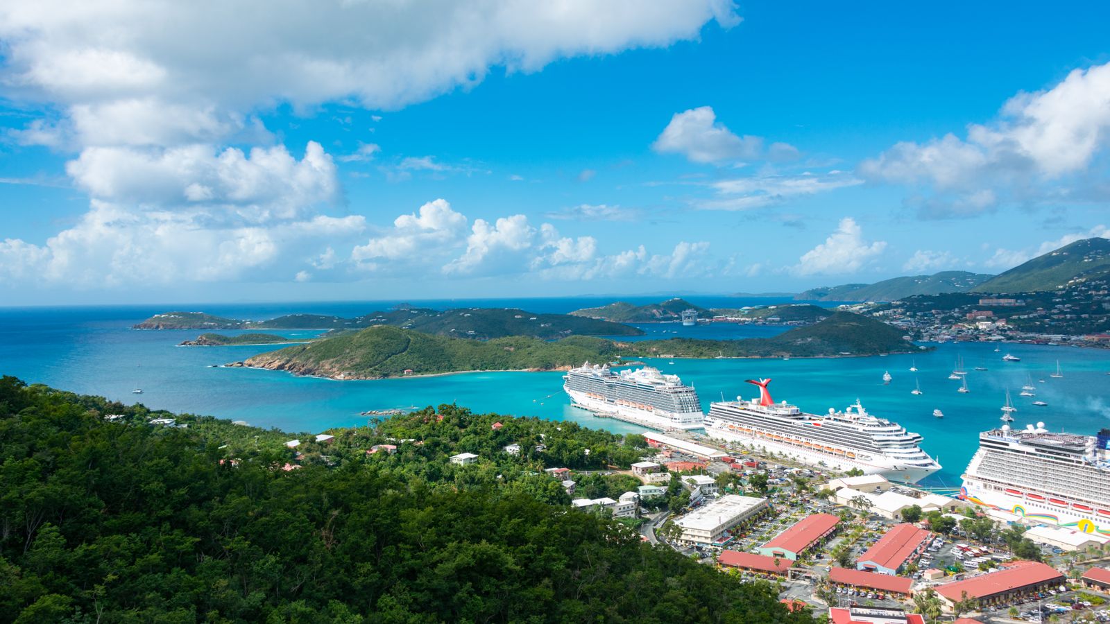 Stunning aerial capture of cruise ships docking in a turquoise harbor surrounded by lush green islands.
