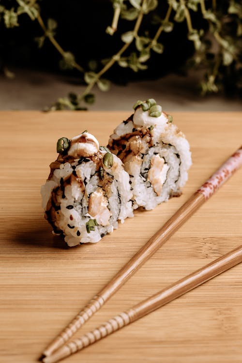 Close-up of Two Rolls of Sushi