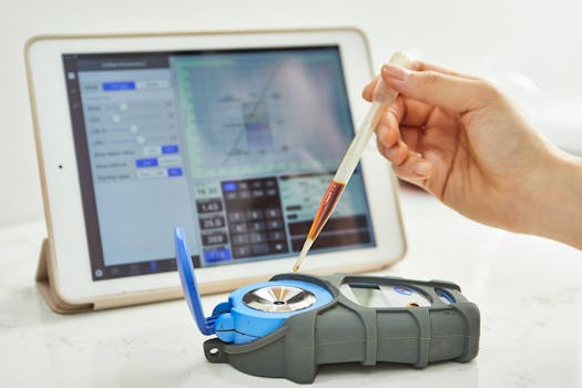 Hand using pipette with refractometer in front of tablet displaying measurement interface.