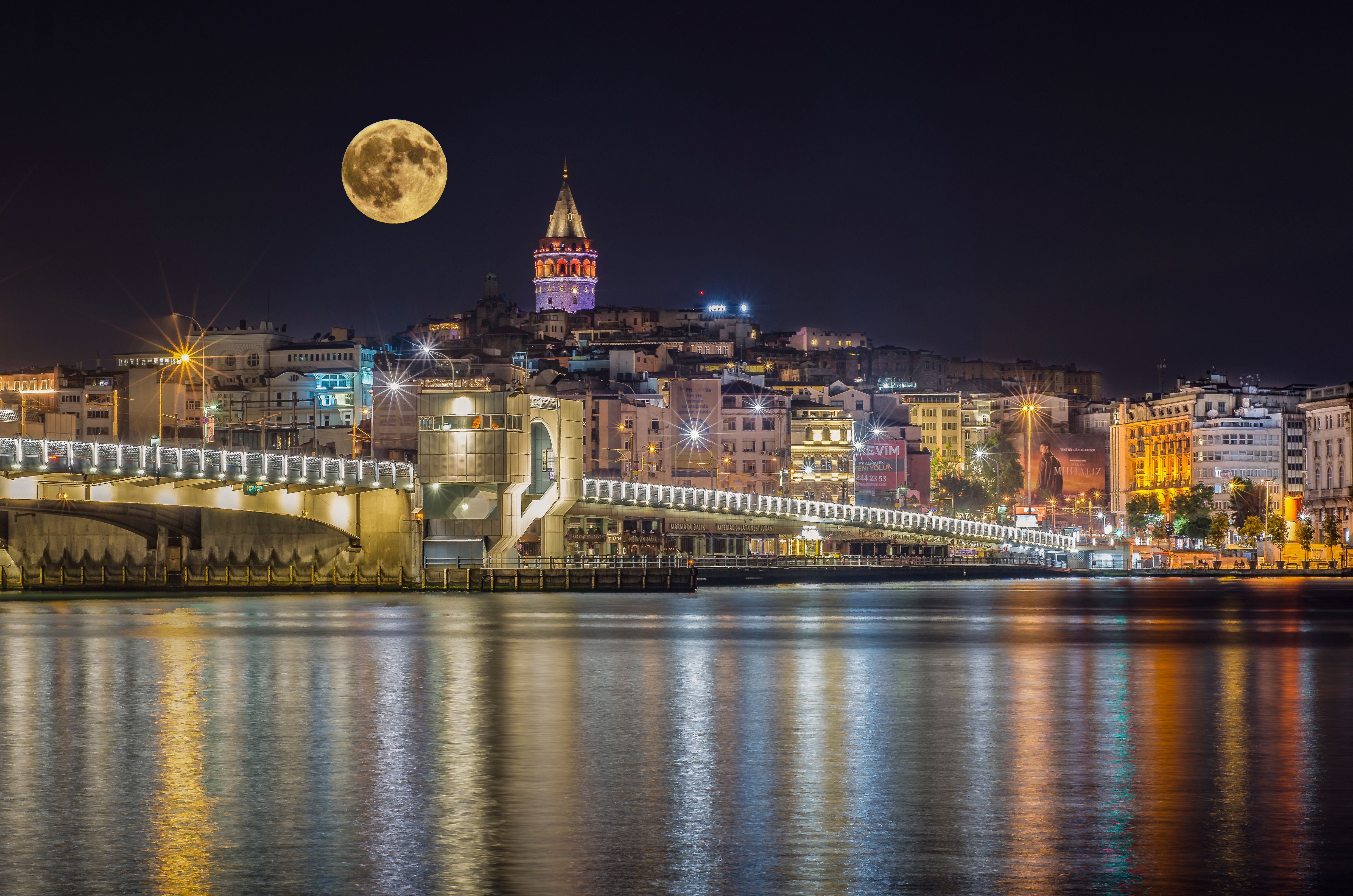 Full Moon over Illuminated Istanbul Coast with Galata Tower and Bridge ...