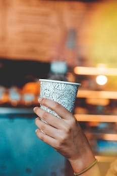 Close-up of a hand holding a decorative coffee cup in a cozy, blurred cafe setting.