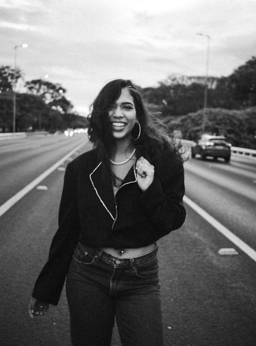 Woman Portrait on Road in Black and White