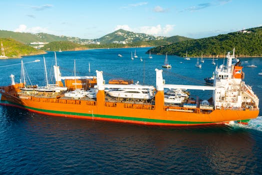 Aerial view of a vibrant orange cargo ship transporting yachts in a sunny harbor with lush green hills.