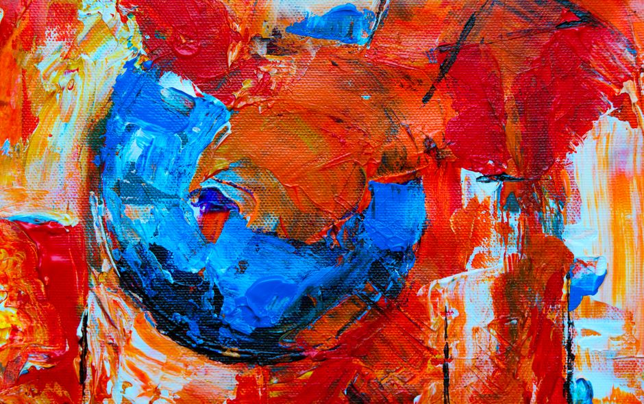 A vivid and colorful abstract painting featuring bold acrylic textures in red, blue, and orange hues.
