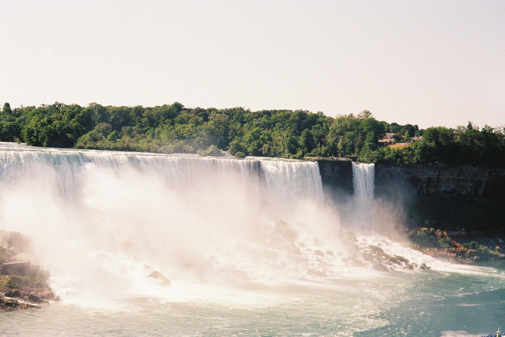 Majestic view of Niagara Falls with cascading waters and lush green surroundings.