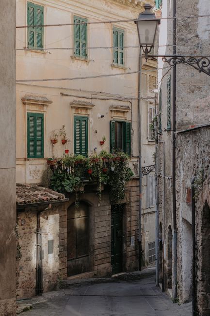 Discover the charm of a traditional alley lined with rustic facades and vibrant floral displays.