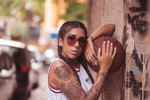 Fashionable woman with tattoos poses in urban street holding a basketball.