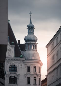 Baroque dome with ornate architecture in Vienna, Austria at sunset, showcasing intricate design.