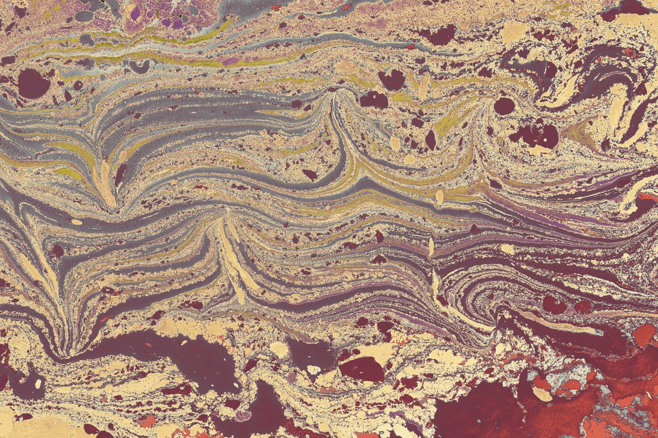 a complex abstract marbled pattern featuring earth tones with fluid sw