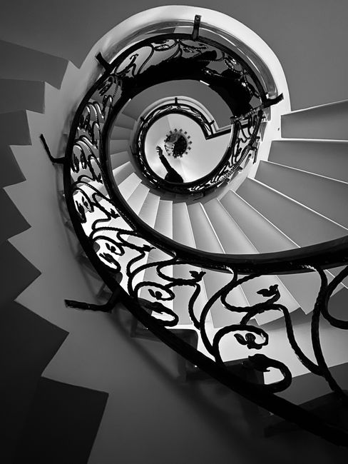 Captivating black and white photo of an ornate spiral staircase with elegant iron railings.