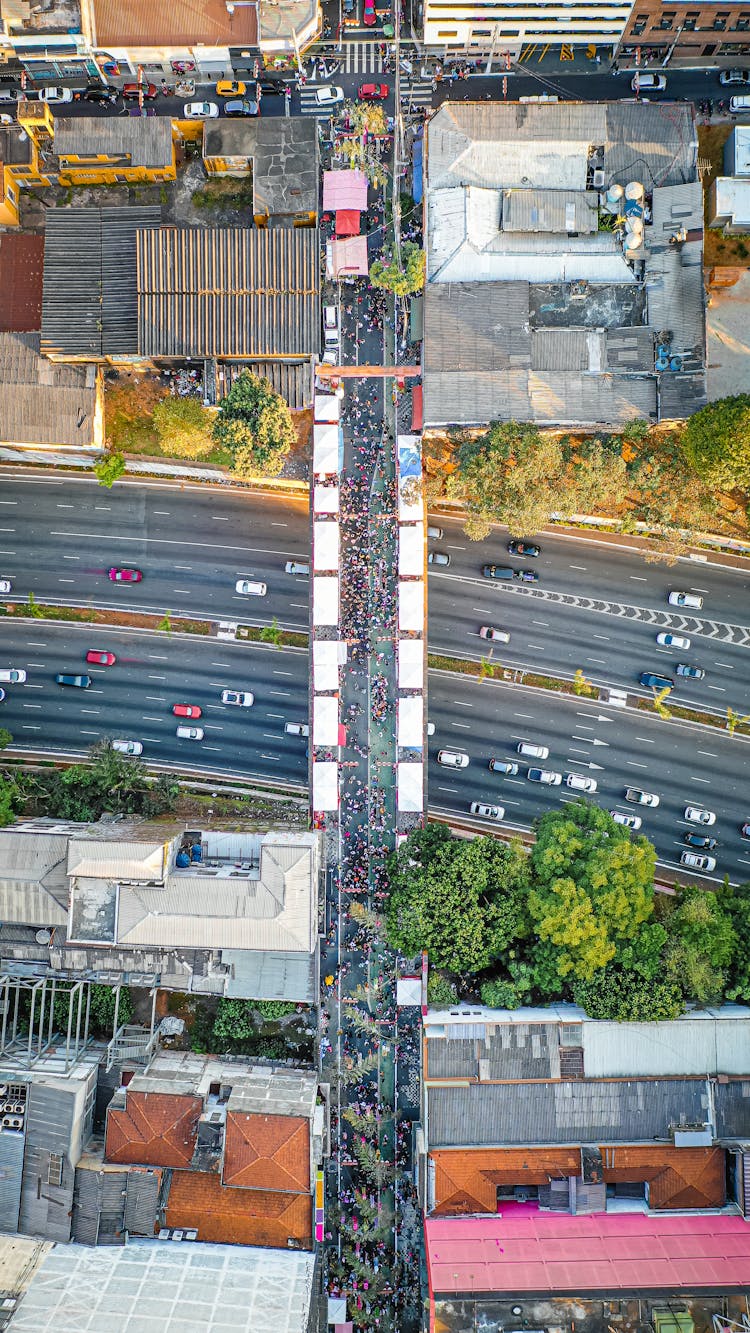 People Walking On Viaduct Over Highway