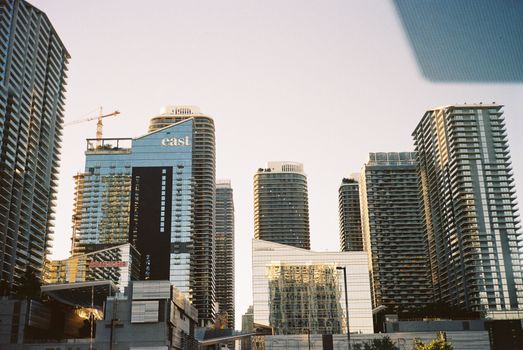 A stunning view of Miami's modern skyscrapers during sunset.