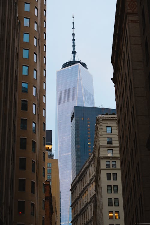 Free View of the One World Trade Center from between the Buildings in New York City, New York, USA Stock Photo