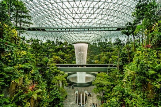 Explore the lush indoor garden with the iconic waterfall at Changi Airport, a blend of nature and modern architecture.