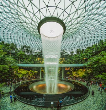 The stunning Rain Vortex at Jewel Changi Airport, a marvel of modern architecture in Singapore.