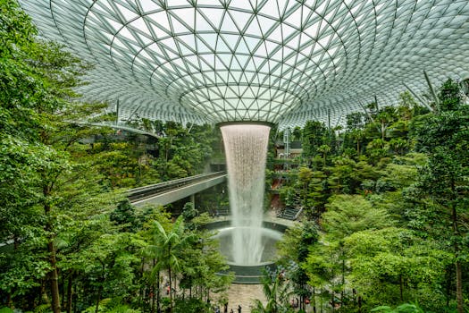 Explore the stunning indoor waterfall and lush green garden at Jewel Changi Airport, Singapore.