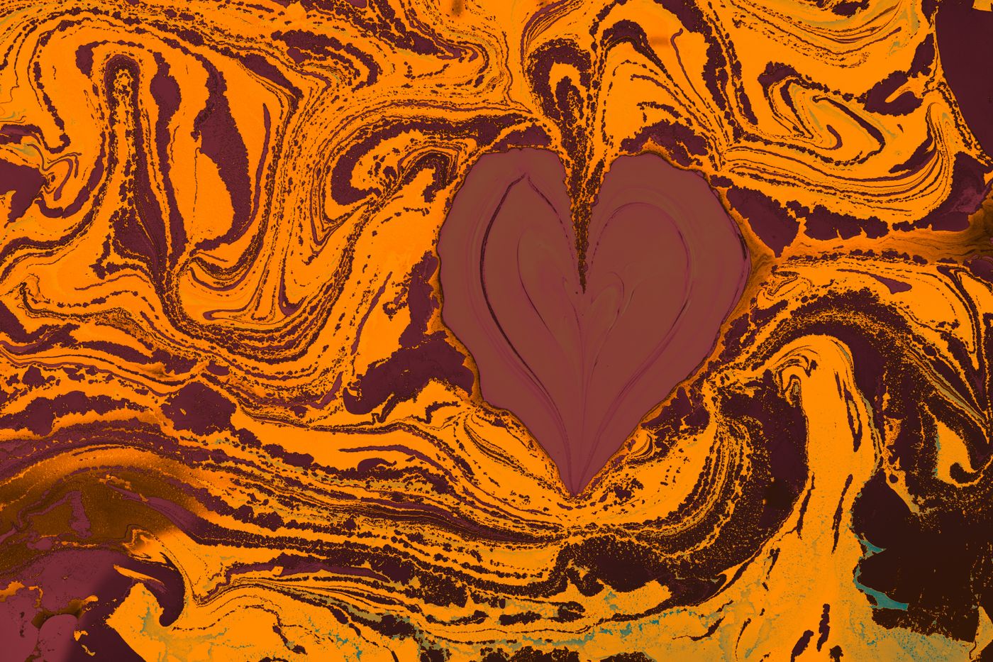 Vivid abstract art with a marbled pattern and central heart shape in orange and purple tones.
