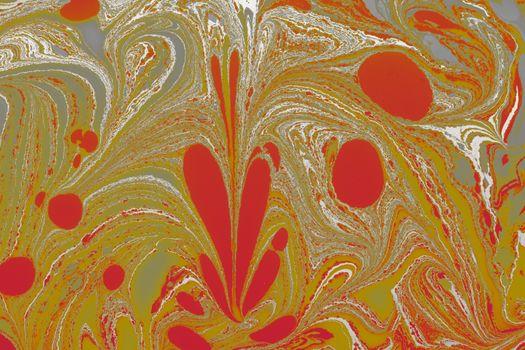 Colorful abstract painting with swirling red and orange patterns in acrylic style.