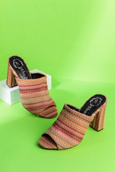 Stylish open-toe heels with colorful stripes on a bright green background - fashion footwear standout.