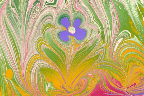 Free Colorful marbled art with an abstract flower pattern in green, pink, and orange hues. Stock Photo