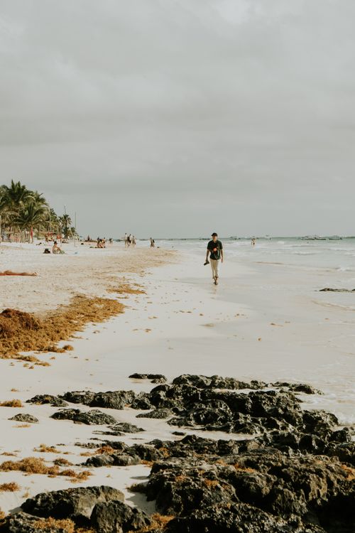 Free A tranquil view of a sandy beach with rocky shorelines and people enjoying the outdoors. Stock Photo