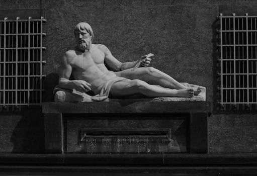Monochrome photo of the River Po statue in Turin, Italy.