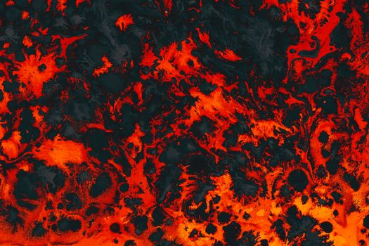 Vibrant fluid art piece with fiery orange and black abstract patterns, evoking the flow of lava.