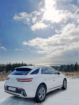 Elegant white SUV parked on a scenic snowy road in Jeju, South Korea, under a bright winter sky.