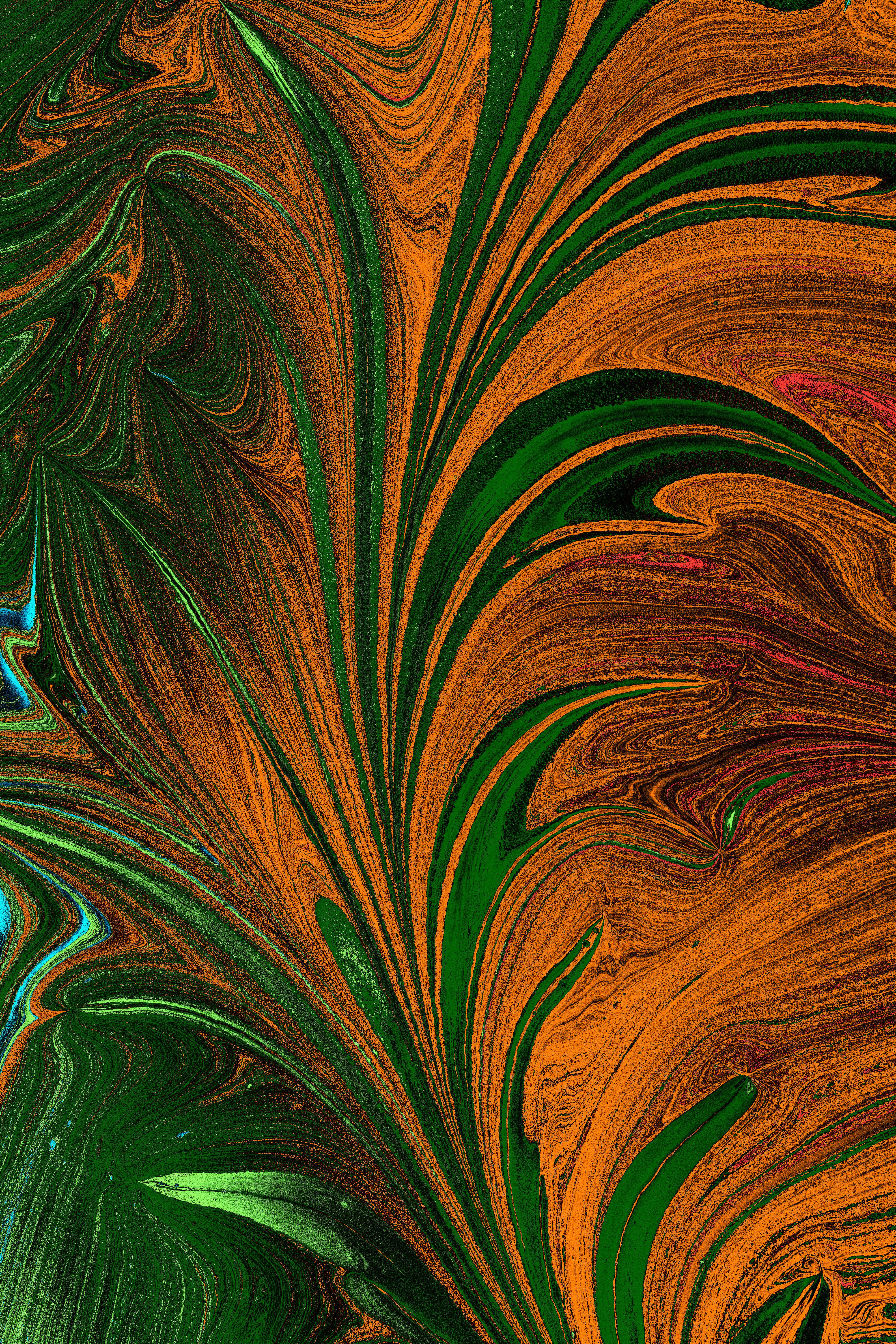 A painting of green and orange swirls · Free Stock Photo