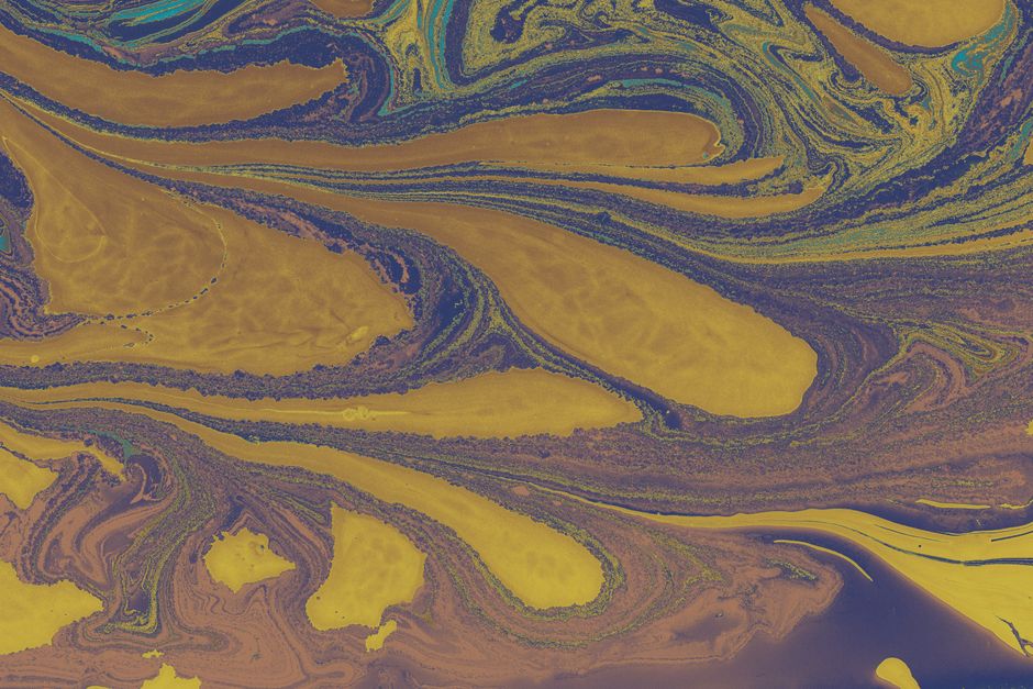 Dynamic fluid artwork featuring swirling yellow and blue patterns with marbled textures.