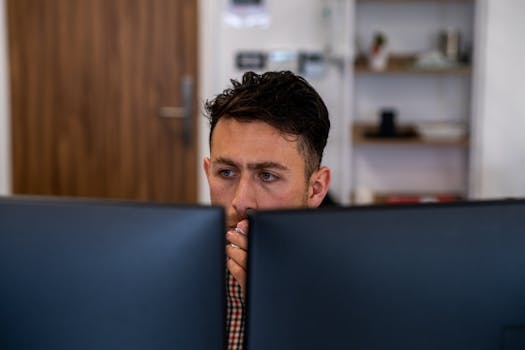 Man deeply focused on work at his office desk with dual monitors.
