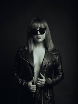 Stylish monochrome portrait of a woman wearing sunglasses and a leather jacket, exuding modern fashion vibes.