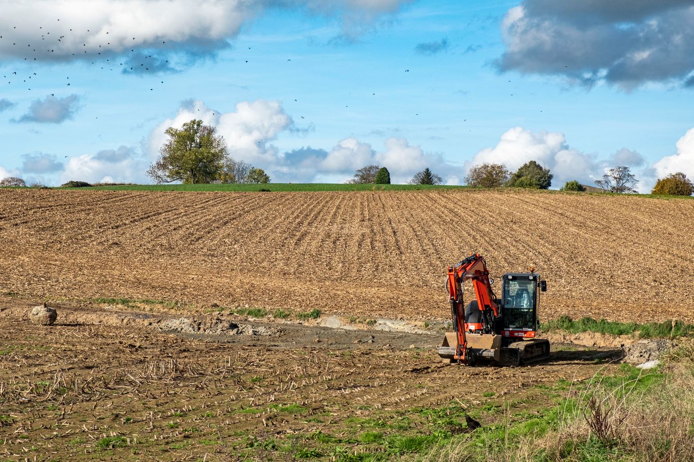Excavator care pregateste un teren pentru constructie