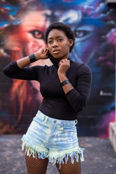 Stylish woman poses in front of colorful graffiti wall, displaying modern fashion.