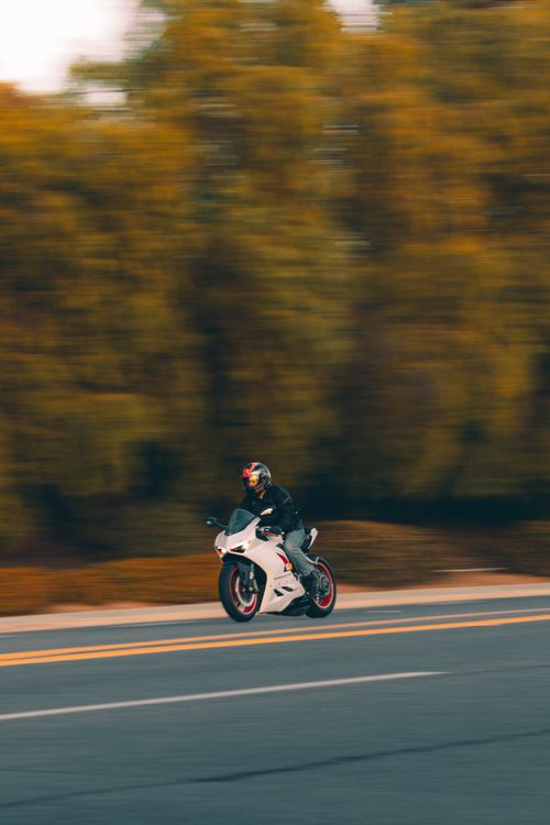 Free A motorcyclist speeds on a city road surrounded by blurred trees, capturing motion and thrill. Stock Photo