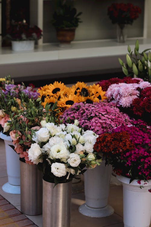 Variety Flowers in Vases in the Flower Shop 