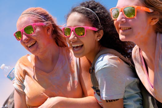 Three young women covered in colorful powder laughing outdoors at a vibrant festival.