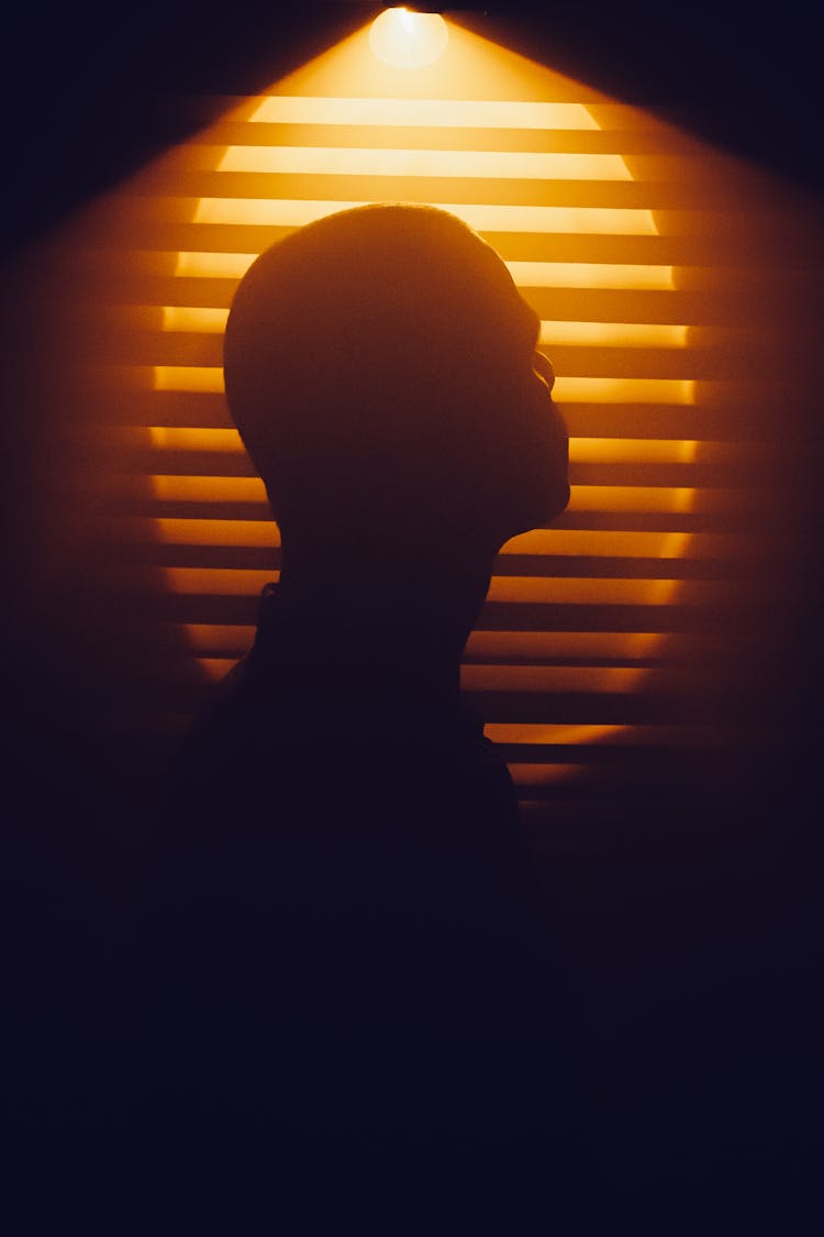 Silhouette Of Man On Windows Shutters Background In Dark