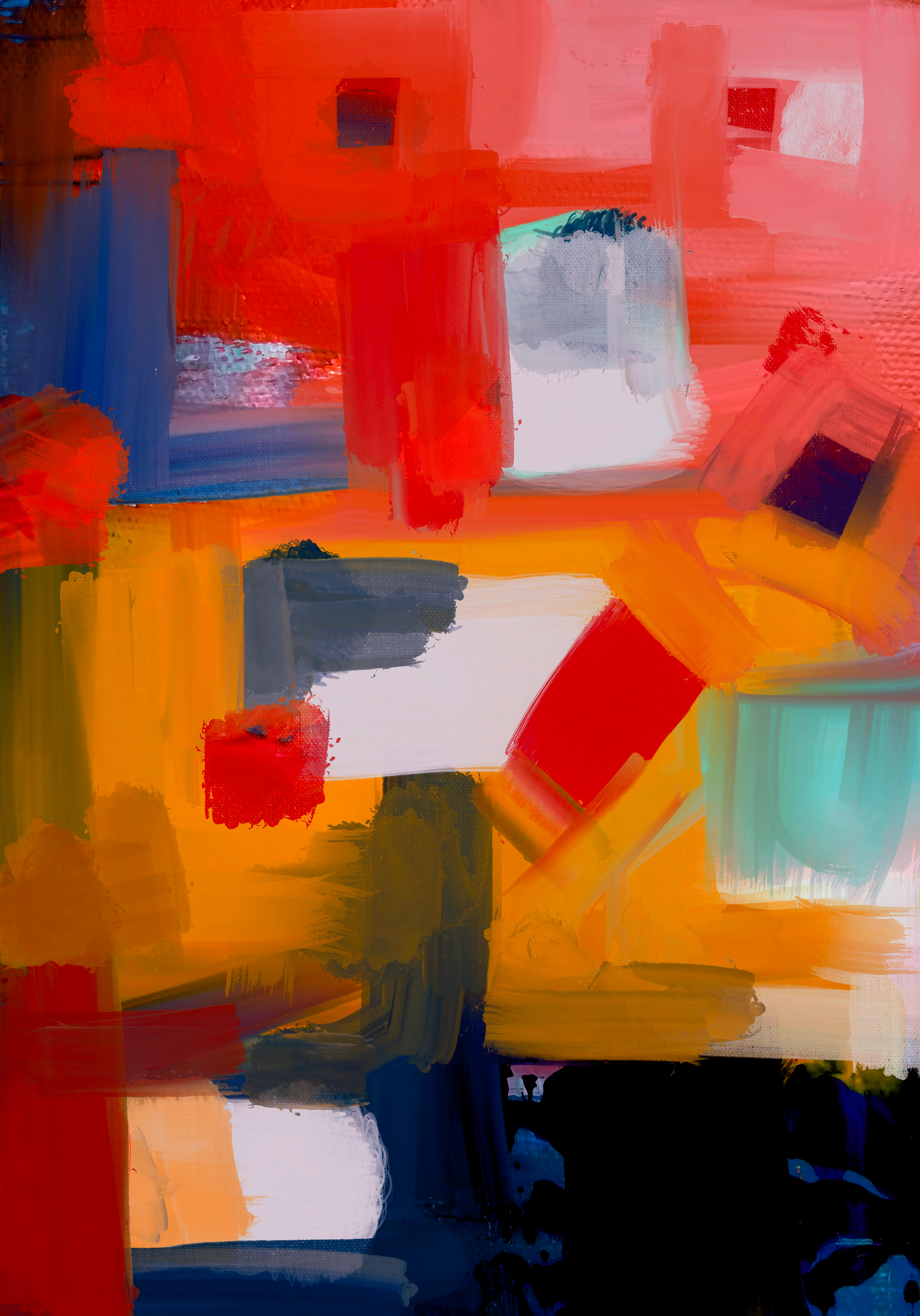 抽象アクリル画 青とオレンジ 青とオレンジの抽象画 青いテクスチャの