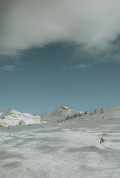 Scenic winter view of a snow-covered mountain landscape under a clear blue sky in Greece.