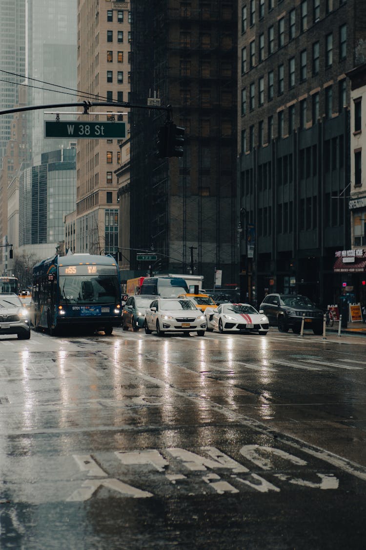 Cars And Bus On Street In New York